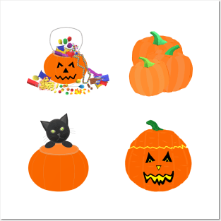 Halloween Pumpkins, Candy and Black Cat (White Background) Posters and Art